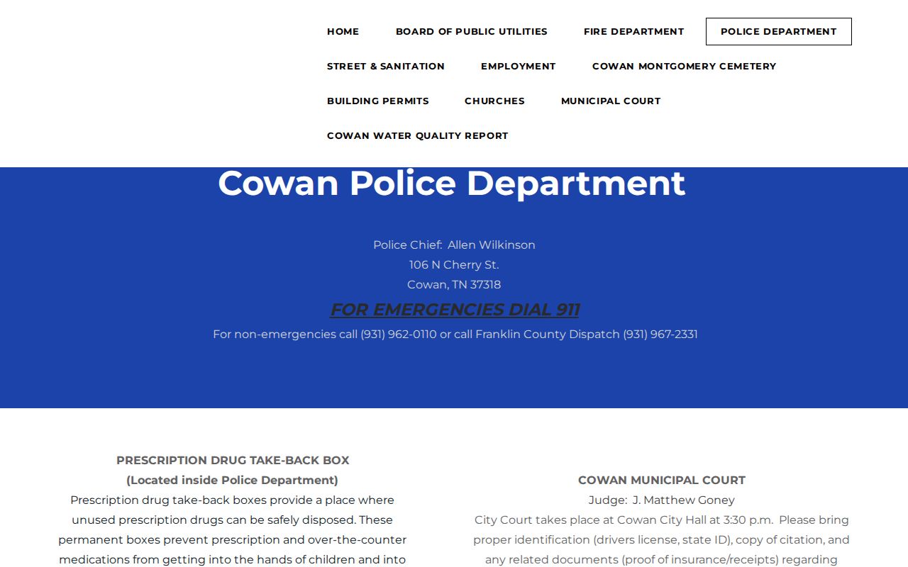 Cowan warrant records reader viewing the municipal police contact page